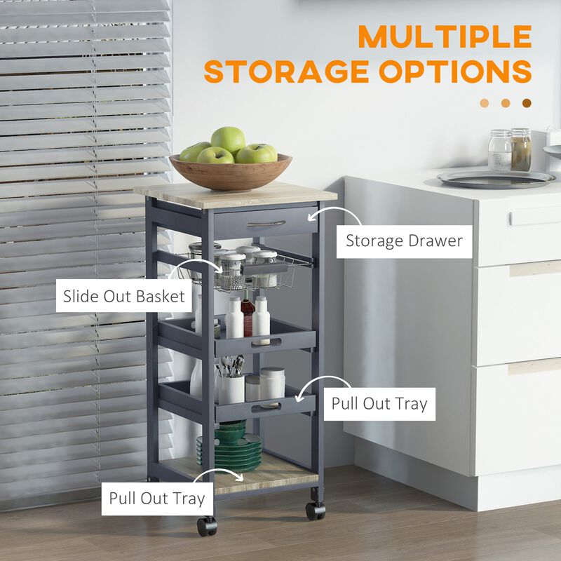 Gray Kitchen Helper: Rolling Cart with Tray and Basket