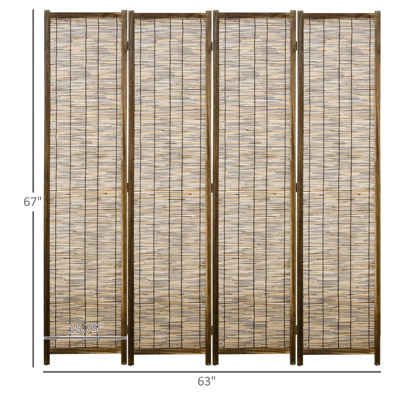 Brown Indoor Partition: 4-Panel Hand-Woven Reed Room Divider