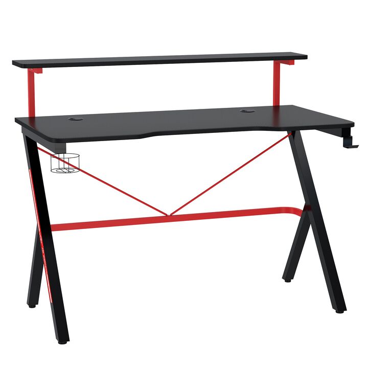 Black Gamer's Desk: 47" Ergonomic Workstation with Monitor Shelf