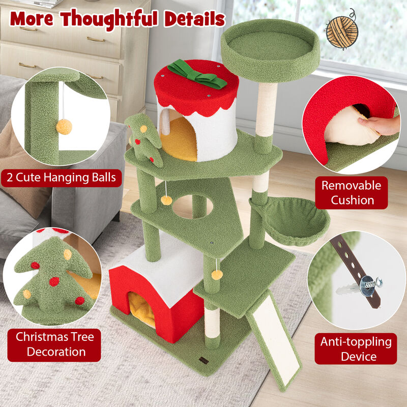 Cute Christmas Cat Tree with Sisal Scratching Posts and 2 Condos