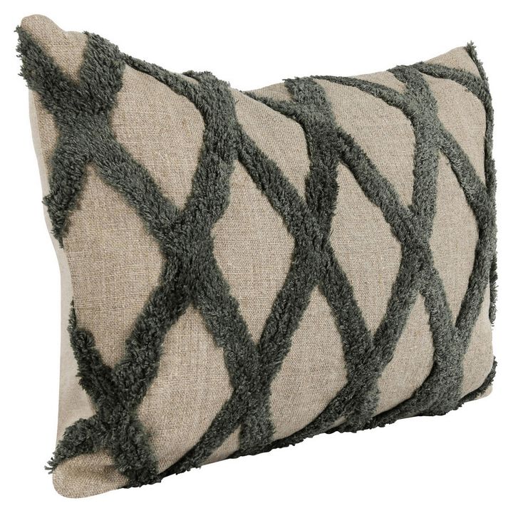 Lo 14 x 20 Lumbar Linen Accent Throw Pillow, Tufted Diamond Pattern, Green-Benzara