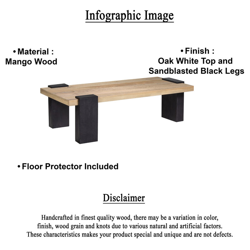 Bonne Coffee Table, 60 Inch Wide Rectangular Top, Handcrafted White Oak and Sandblasted Black