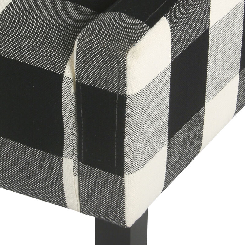 Fabric Upholstered Wooden Accent Chair with Buffalo Plaid Pattern, Black and White - Benzara