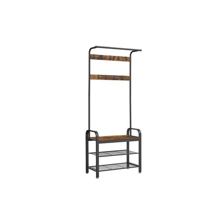 Hall Tree Coat Rack and Shoe Bench with Wood Accent and Metal Frame