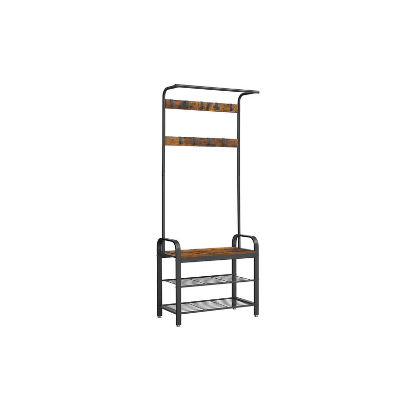 Hall Tree Coat Rack and Shoe Bench with Wood Accent and Metal Frame