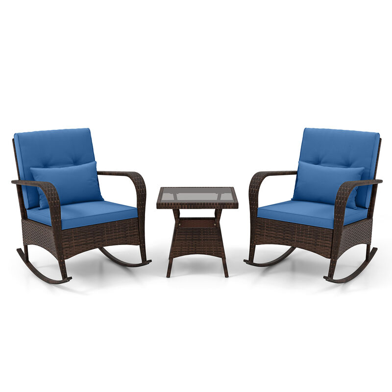 3 Piece Outdoor Rocking Set with Tempered Glass Coffee Table for Backyard Poolside