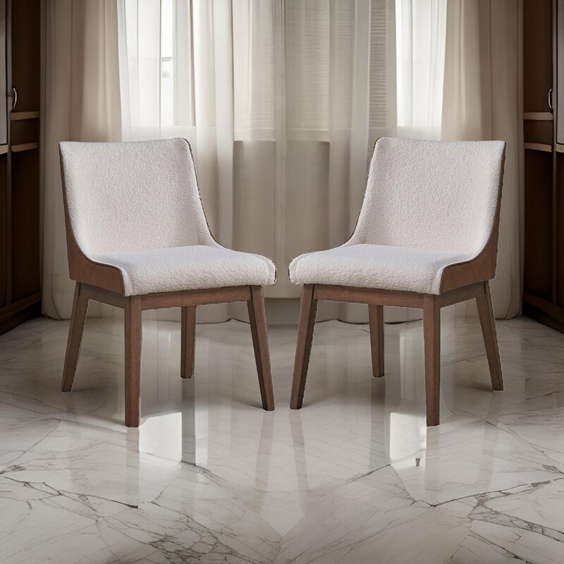 25 Inch Side Dining Chair Set of 2, Wingback, White Boucle, Walnut Brown - Benzara