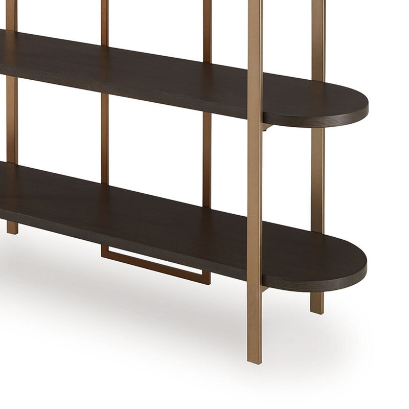 72 Inch Bookcase with 5 Ash Wood Storage Shelves, Retro Gold Frame - Benzara