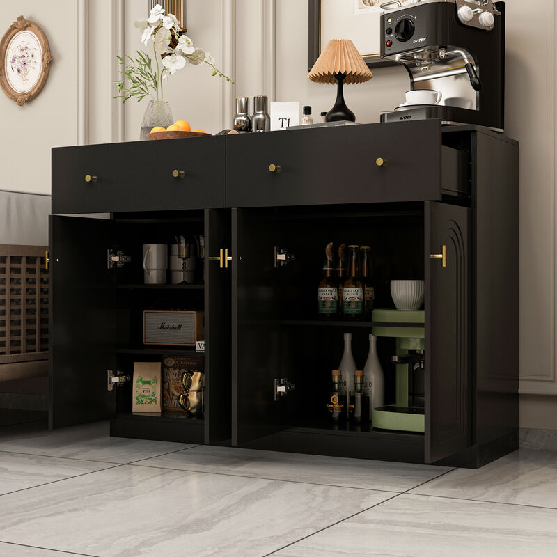 FUFU&GAGA Modern Black Sideboard with 2 Drawers & 4 Cabinet Doors, T-Shaped Door Design, Gold Handles, and Adjustable Shelves (47.2" W x 35.4" H x 15.7" D), Black