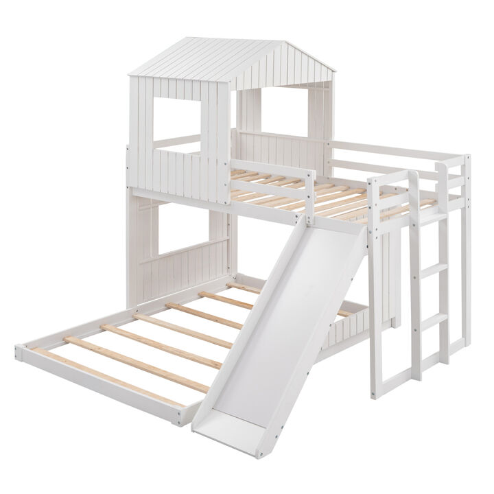 Wooden Twin Over Full Bunk Bed, Loft Bed With Playhouse, Farmhouse, Ladder, Slide And Guardrail
