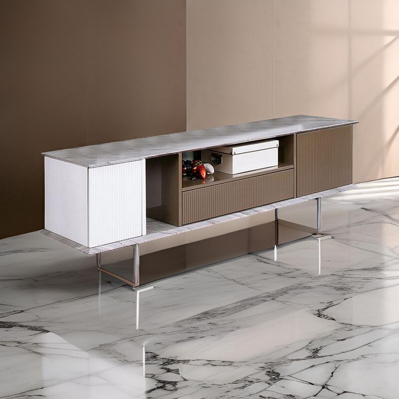 70 Inch TV Entertainment Console, 1 Drawer, Shelves, White, Brown, Gray - Benzara
