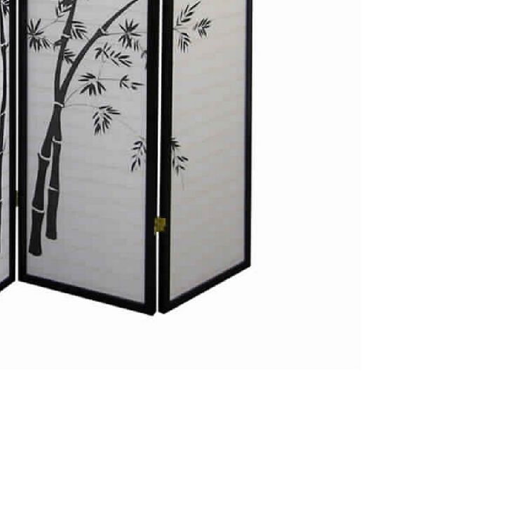 Wood and Paper 4 Panel Room Divider with Bamboo Print, White and Black-Benzara
