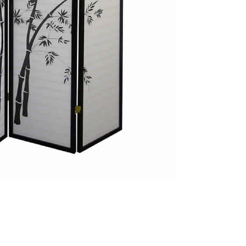 Wood and Paper 4 Panel Room Divider with Bamboo Print, White and Black-Benzara
