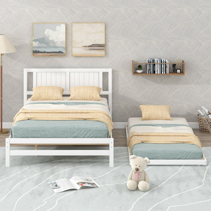 Platform Bed Frame with Adjustable Trundle for Extra Sleeping Space
