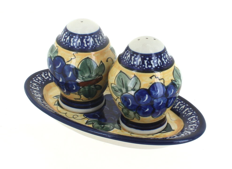 Blue Rose Polish Pottery Xena Salt & Pepper Shakers with Plate