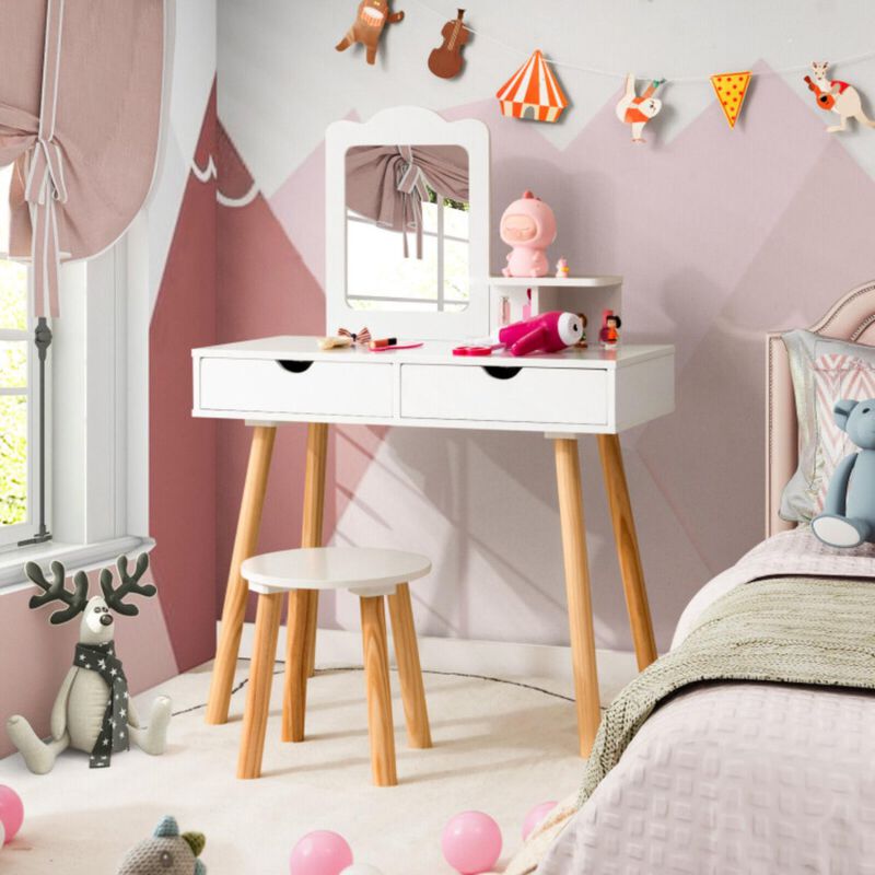 Hivvago Kid Vanity Table Chair Set with Mirror and 2 Large Storage Drawers-White