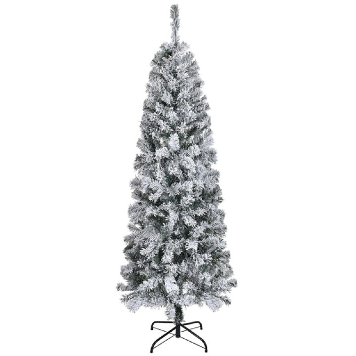 Snowy Flocked Pencil Christmas Tree with 320 Branch Tips and Metal Stand