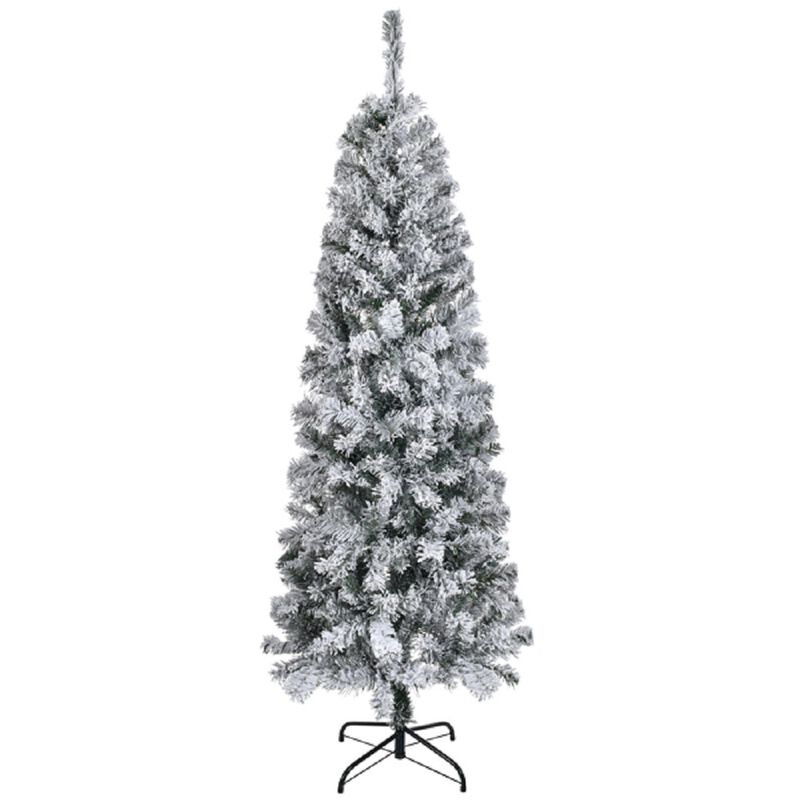 Snowy Flocked Pencil Christmas Tree with 320 Branch Tips and Metal Stand