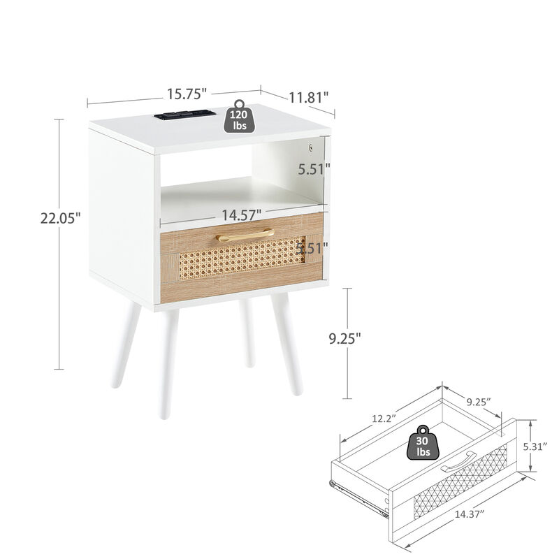 Rattan End table with Power Outlet & USB Ports , Modern nightstand with drawer and solid wood legs, side table for living roon, bedroom, white