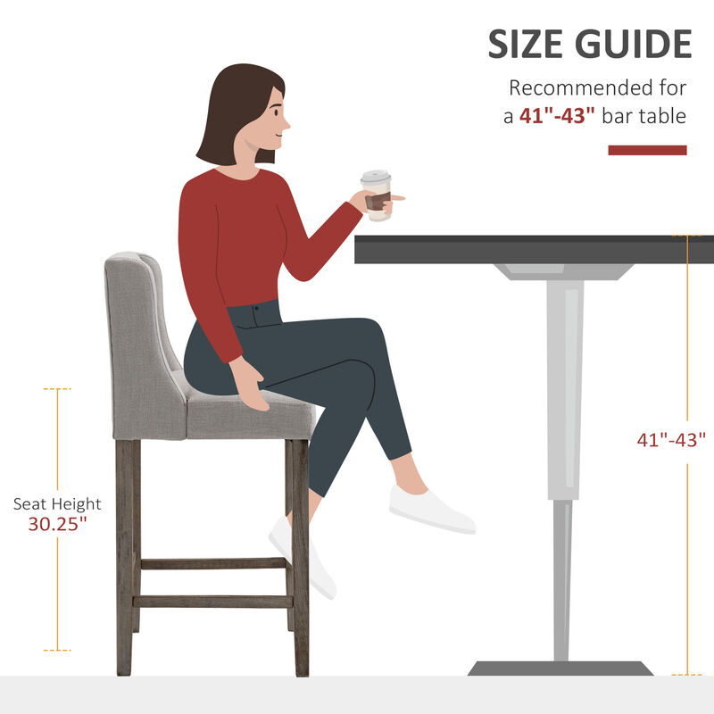 HOMCOM Modern Bar Stools, Tufted Upholstered Barstools, Pub Chairs with Back, Rubber Wood Legs for Kitchen, Dinning Room, Set of 2, Beige