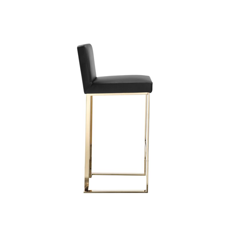 Boly 30 Inch Barstool Chair, Cushioned Black Faux Leather, Gold Cantilever - Benzara