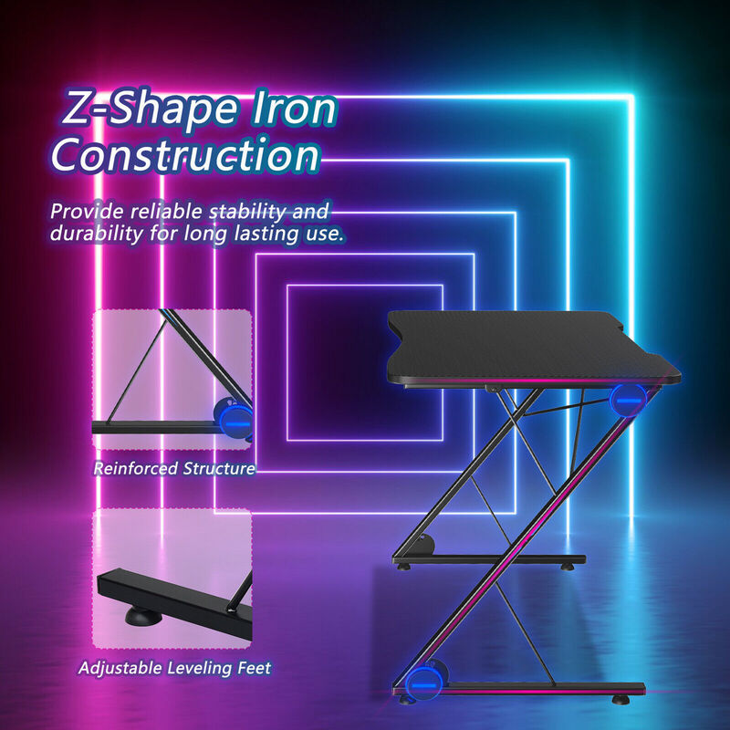 Costway 43.5 inch Gaming Desk Z Shape Office PC Computer Desk Gamer Tables w/ LED Lights