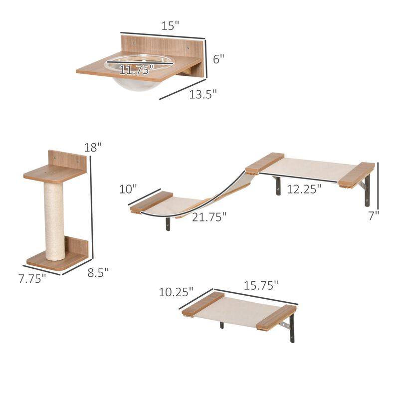 Beige Cat Playground: 4-Piece Wall-Mounted Activity Set with Hammock