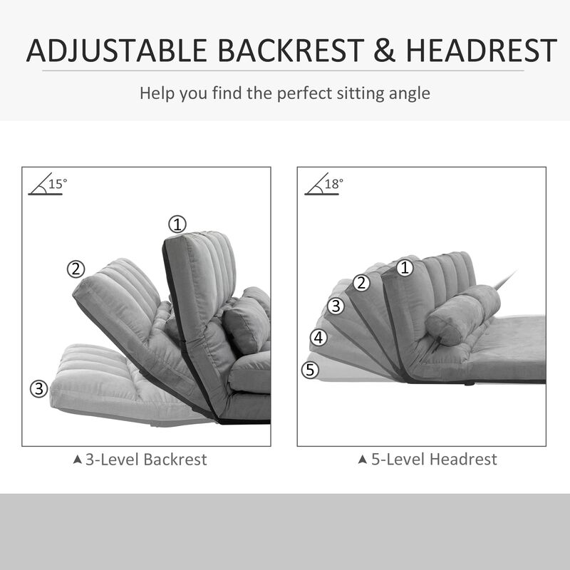 Light Grey Lounger: Folding Sofa Chair Convertible Bed with Pillows