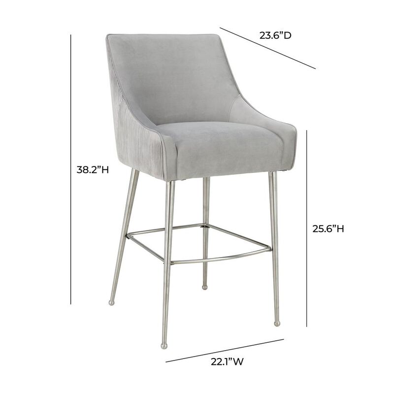 TOV Furniture Beatrix Pleated Light Grey Velvet Bar Stool