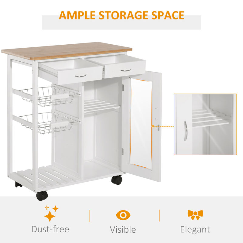 Rolling Kitchen Trolley Cart Bamboo Storage Cabinet Wire Basket Drawer