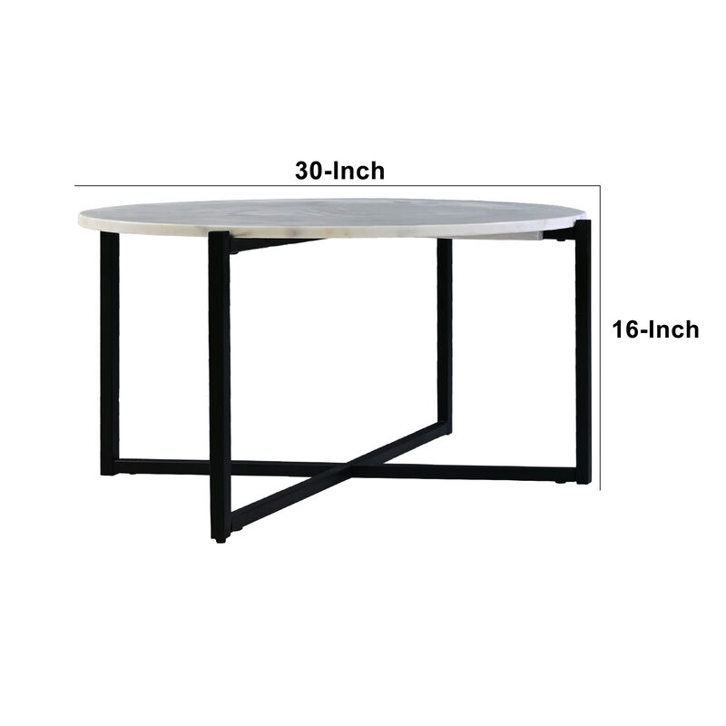 Ivy 30 Inch Marble Top Round Coffee Table with Metal Frame, White and Black-Benzara