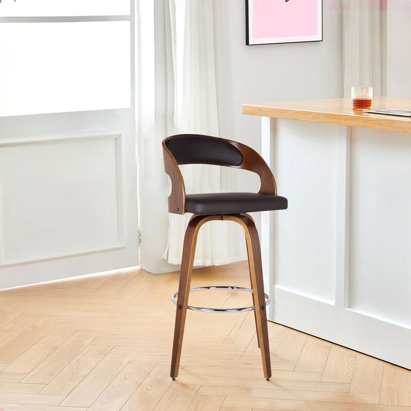 26 Inch Swivel Faux Leather Counter Height Barstool with Open Back, Brown-Benzara