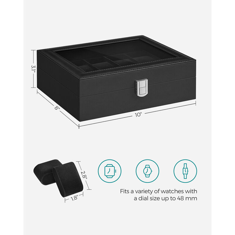 10-Slot Box with Glass Lid Jewelry Holder Case with Removable Pillow