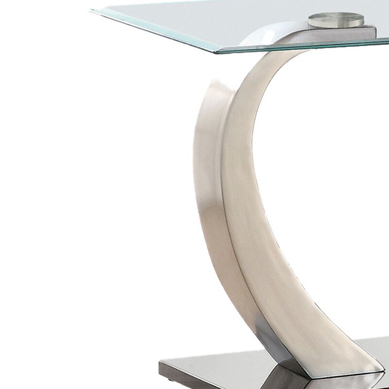 Floating Tempered Glass Top End Table with Metal Support, Clear and Silver-Benzara