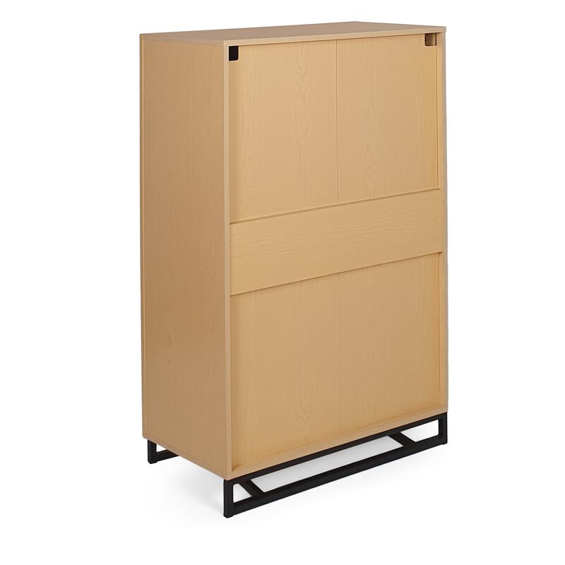 Tall Dresser Chest with 5 Drawers, Black Iron Base, Natural Brown Wood - Benzara