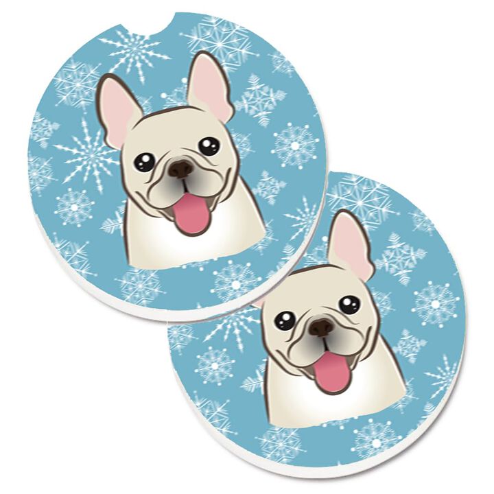 Caroline's Treasures Snowflake French Bulldog Set of 2 Cup Holder Car Coasters BB1672CARC, 2.56, Multicolor