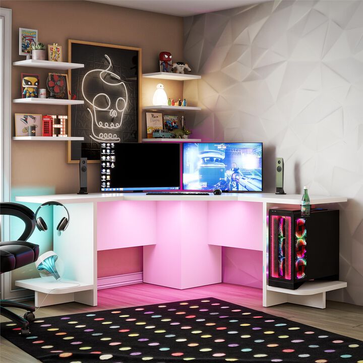 Mod Corner Gaming Desk with LED Light Kit, White