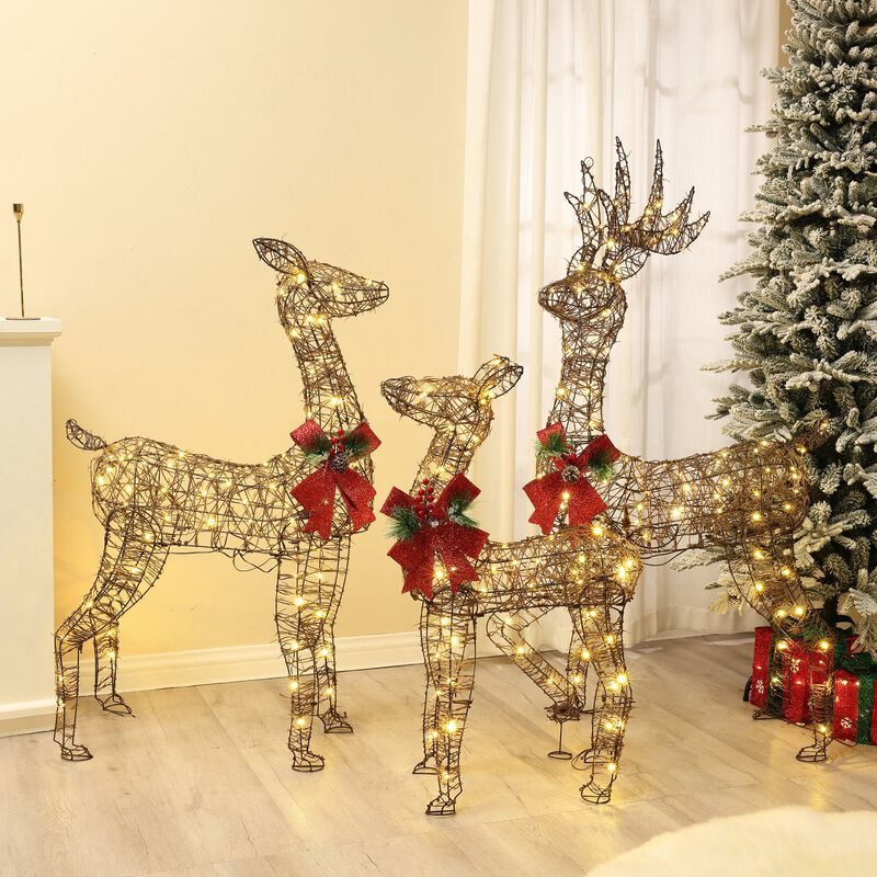 LuxenHome 3-Piece Rattan and Iron Deer Family Outdoor Holiday Decoration with Lights