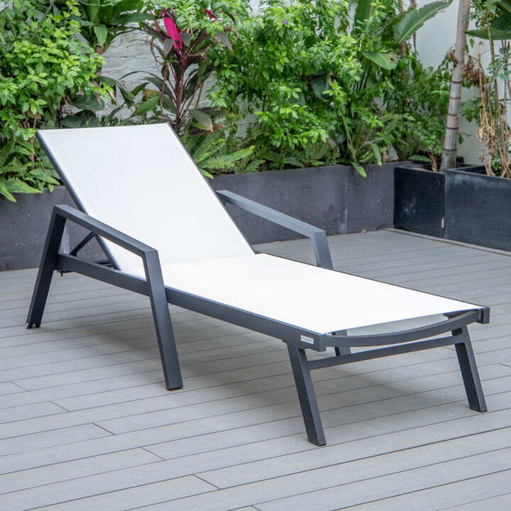 LeisureMod Marlin Patio Chaise Lounge Chair with Armrests – Black Aluminum Frame & Navy Blue Mesh for Outdoor Comfort