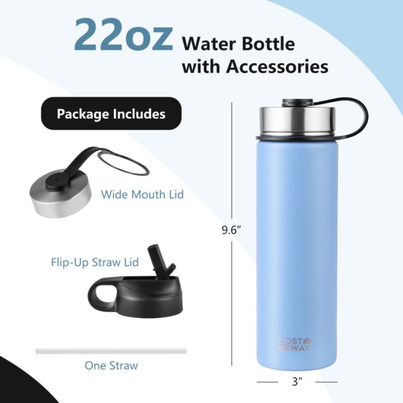 Costway22 Oz Double-walled Insulated Stainless Steel Water Bottle with 2 Lids and Straw