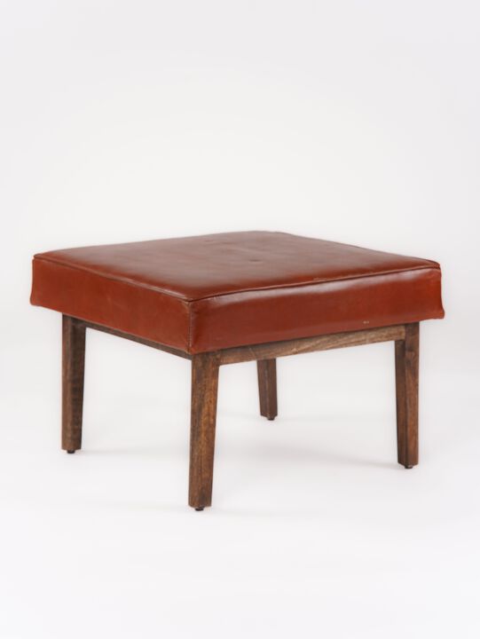 Handmade Eco-Friendly Geometric Buffalo Leather & Wood Black Square Ottomon Stool 24"x24"x16" From BBH Homes