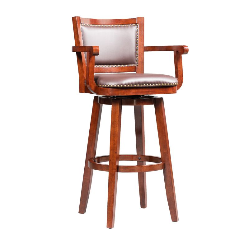 Hugo 34 Inch Swivel Barstool, Wood, Open Rolled Arms, Bonded Leather, Brown-Benzara
