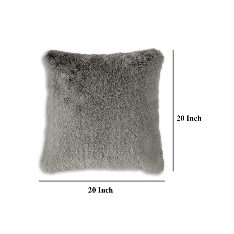 Dift Square Accent Throw Pillow, 20 Inch, Dark Gray Faux Rabbit Fur - Benzara