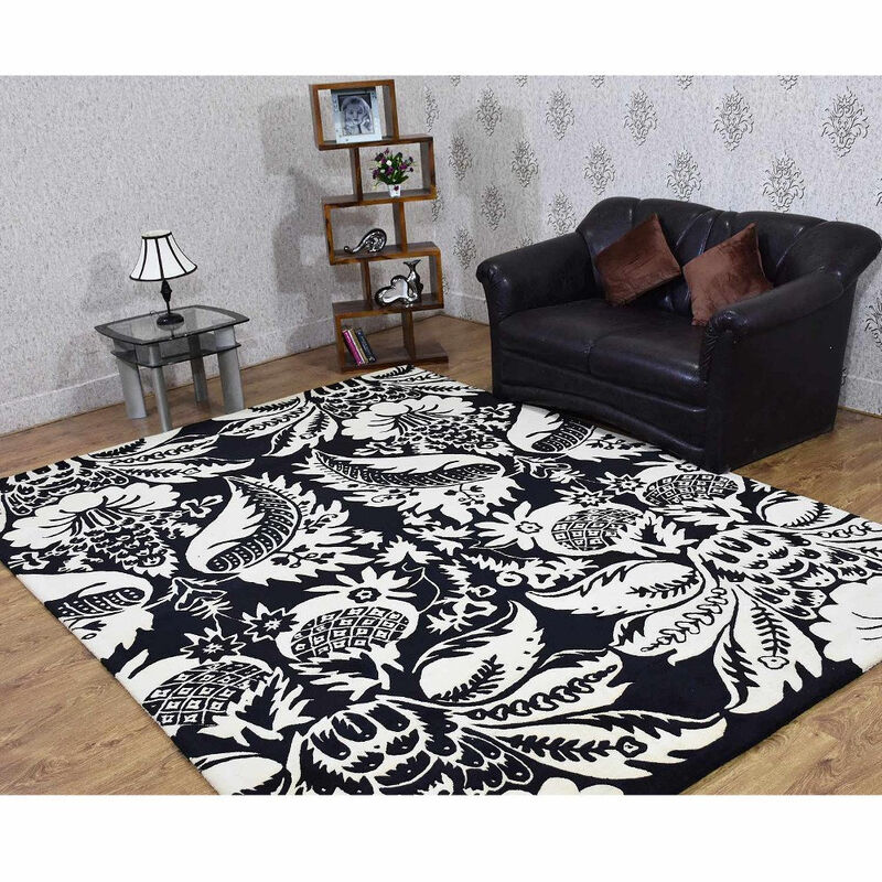 RUGSOTIC CARPETS HAND TUFTED WOOL ECO-FRIENDLY AREA RUGS  - 7'9''x10'6'', Rectangle Shape, White & Black, Floral Modern Design, High Pile Handmade Area Rugs for Living Room, Bed Room (K03143)