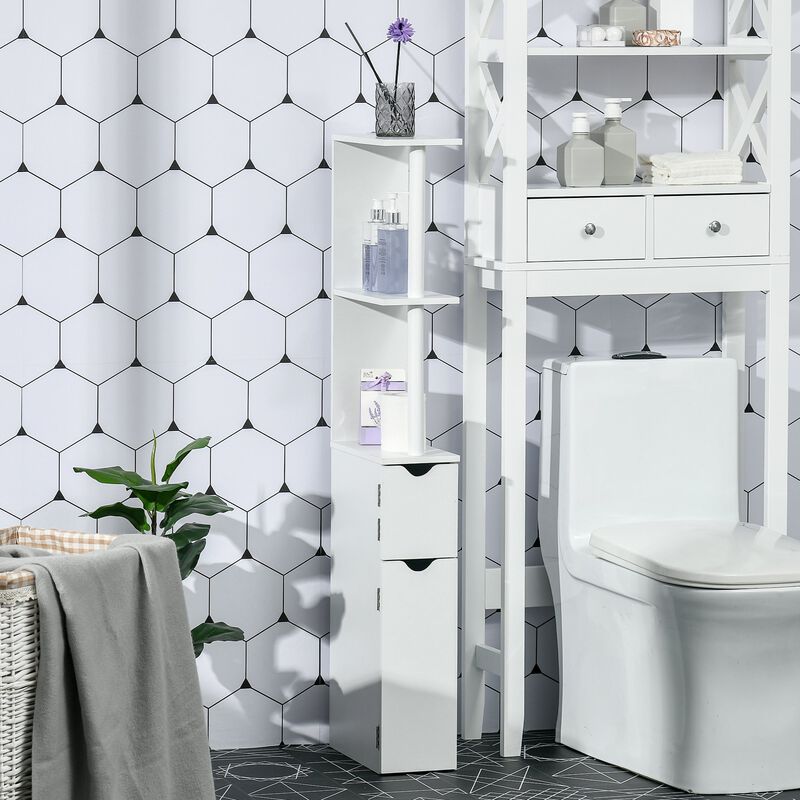 White Bathroom Tower: Tall Modern Cabinet with Open Shelves