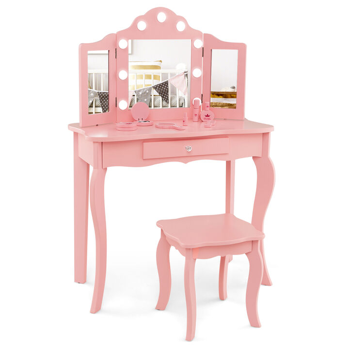 Kid Vanity Table Stool Set with Tri-Folding Mirror and 3-Color LED Lights