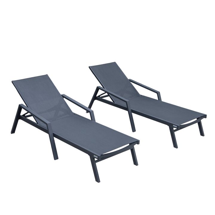LeisureMod Marlin Patio Chaise Lounge Chairs with Armrests – Set of 2, Black Aluminum Frame & Dark Grey Cushion for Outdoor Relaxation