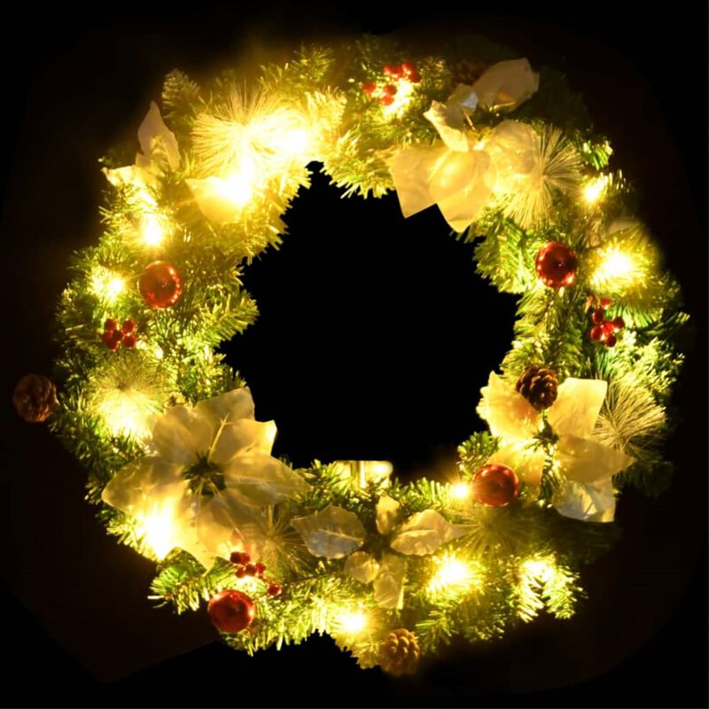 vidaXL 23.6" Christmas Wreath with LED Lights and Decorative Baubles - Green, Silver & Red - PVC Material - Indoor/Outdoor Use