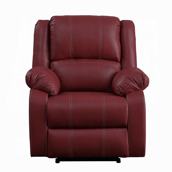 Zuru Motion Manual Rocker Recliner Chair, Plush Dark Red Faux Leather - Benzara