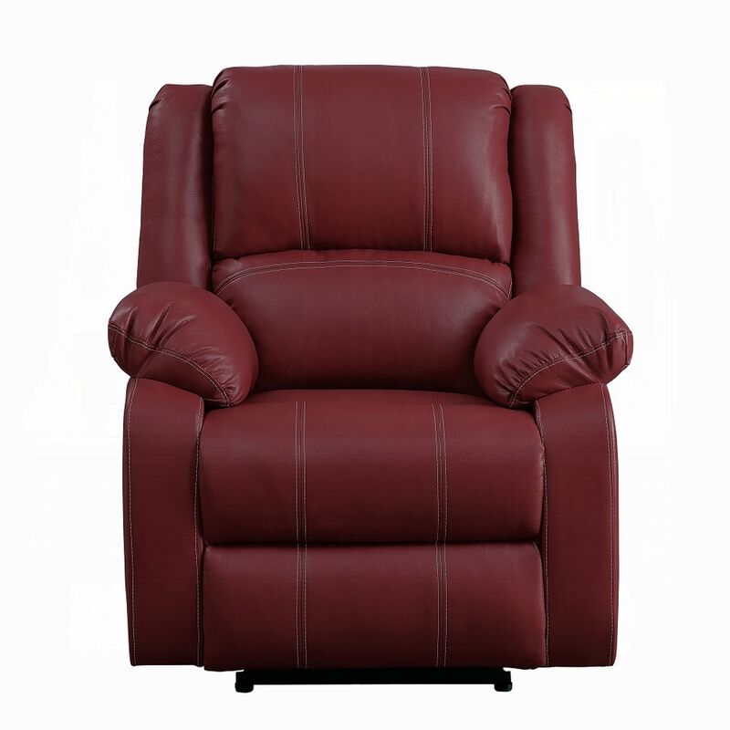Zuru Motion Manual Rocker Recliner Chair, Plush Dark Red Faux Leather - Benzara